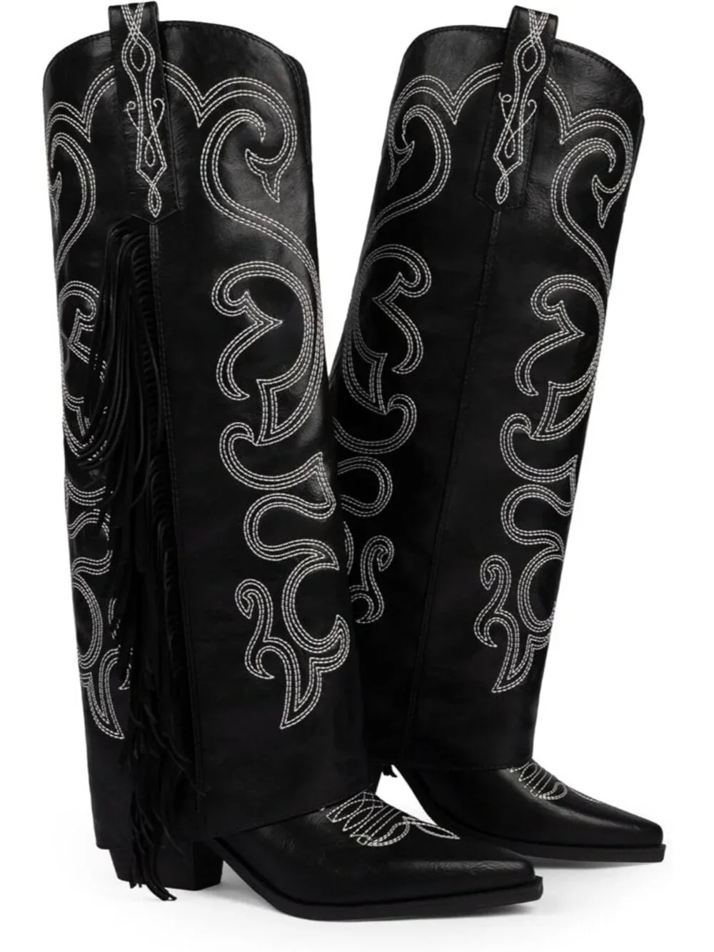 Women's Black Knee High Cowboy Boots Chunky Block High Heel Half Zipper